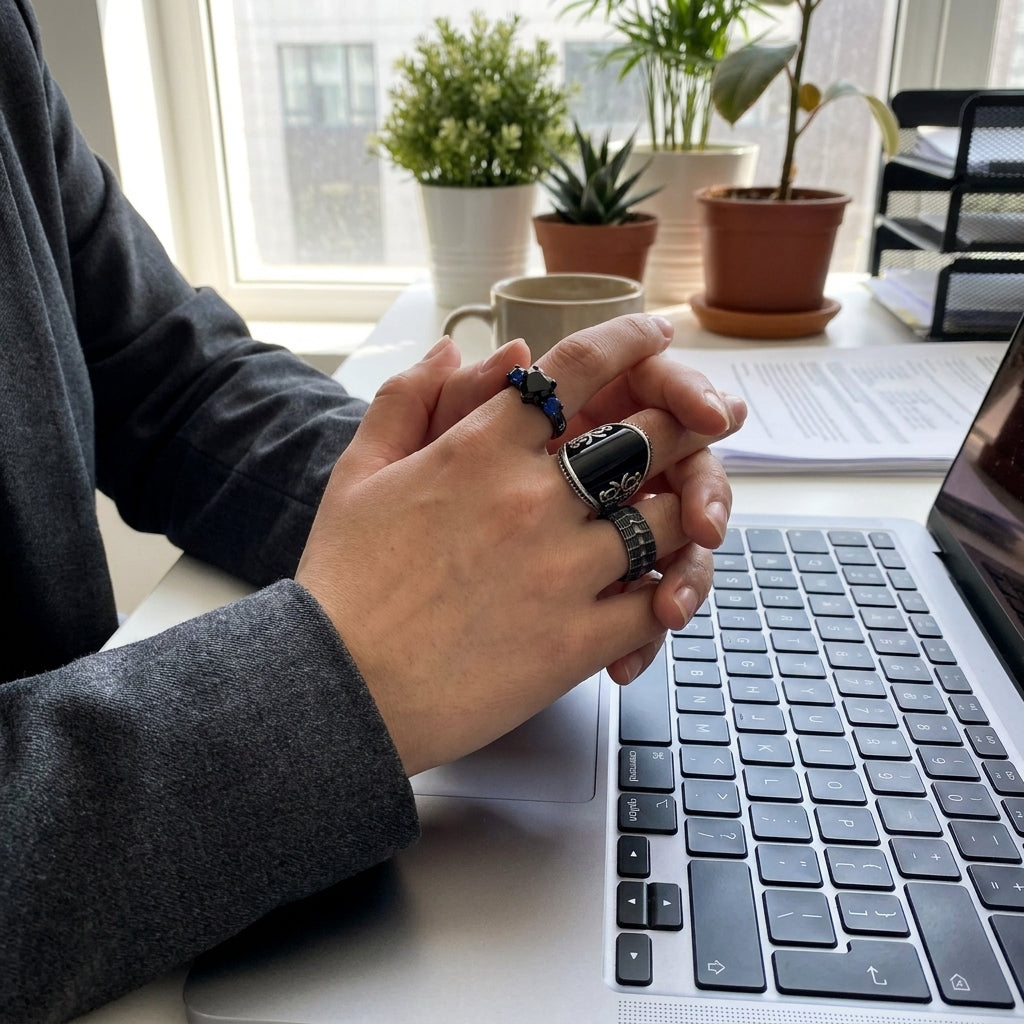 Hand wearing stacked stainless steel rings