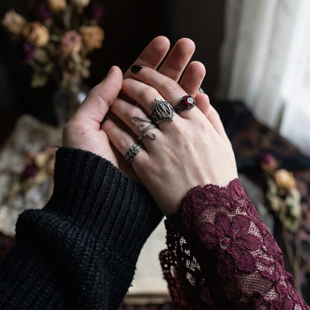 Hand wearing stacked stainless steel rings