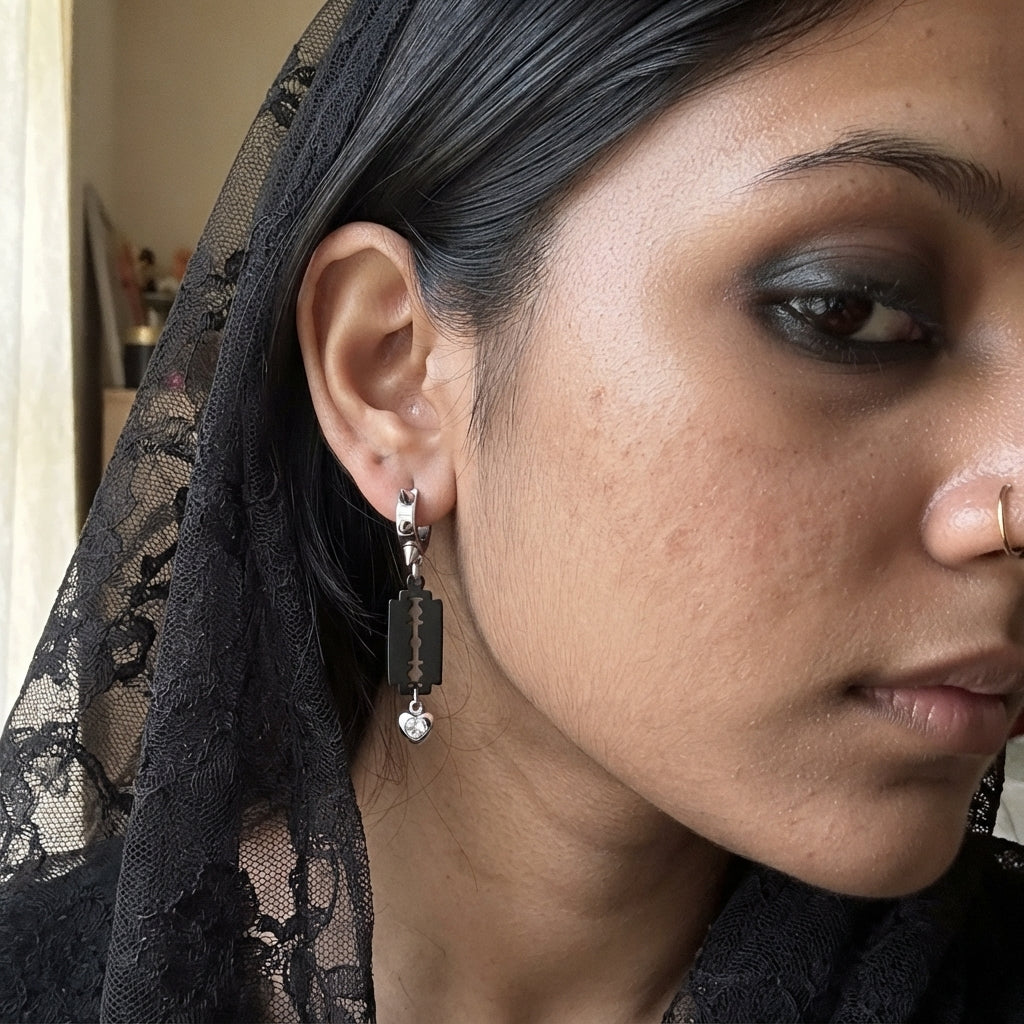 Black Razor Blade Crystal Heart Spiked Huggie Earrings