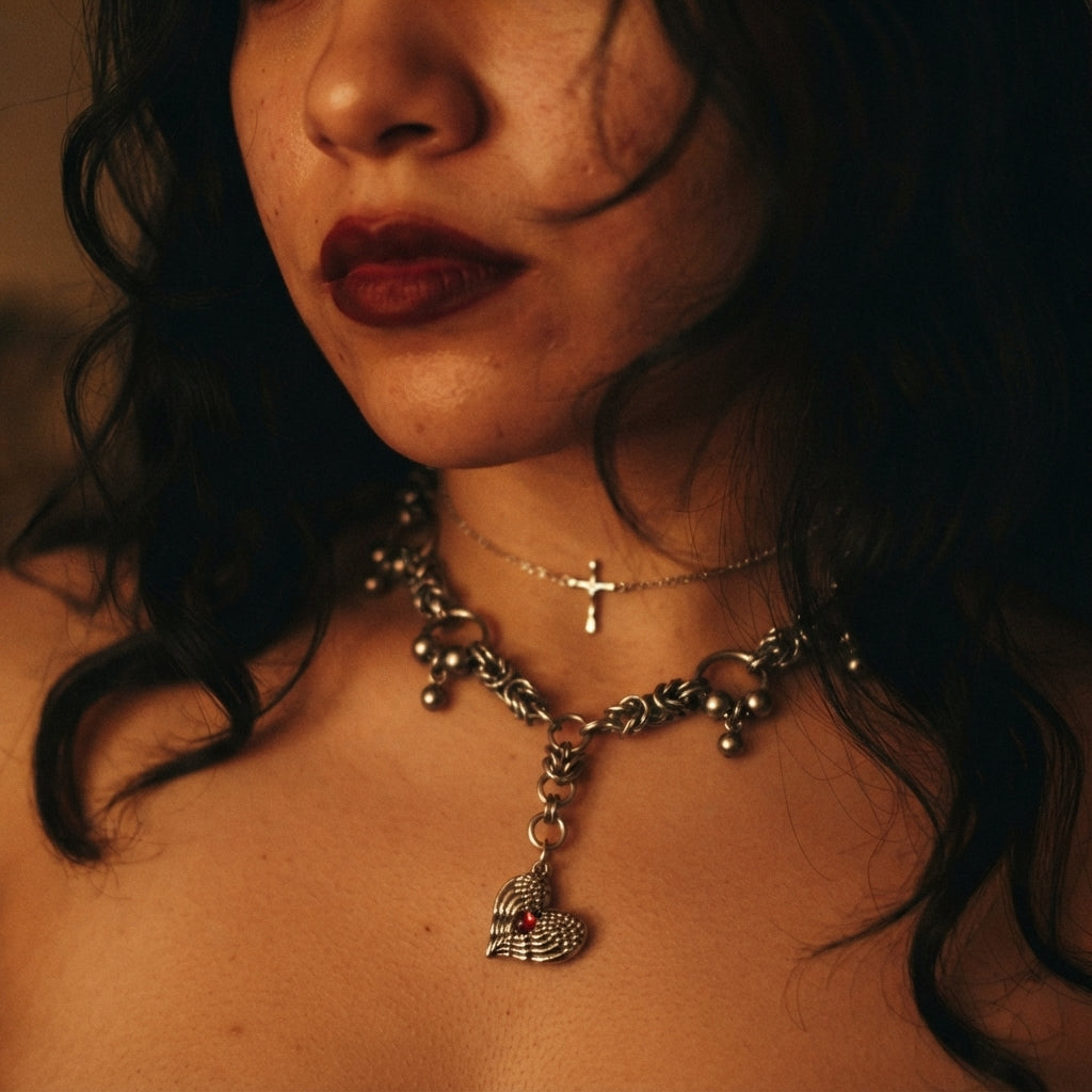 Red Crystal Winged Heart Byzantine Barbell Necklace