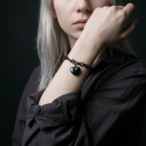Black Heart Charm Cable Link Bracelet