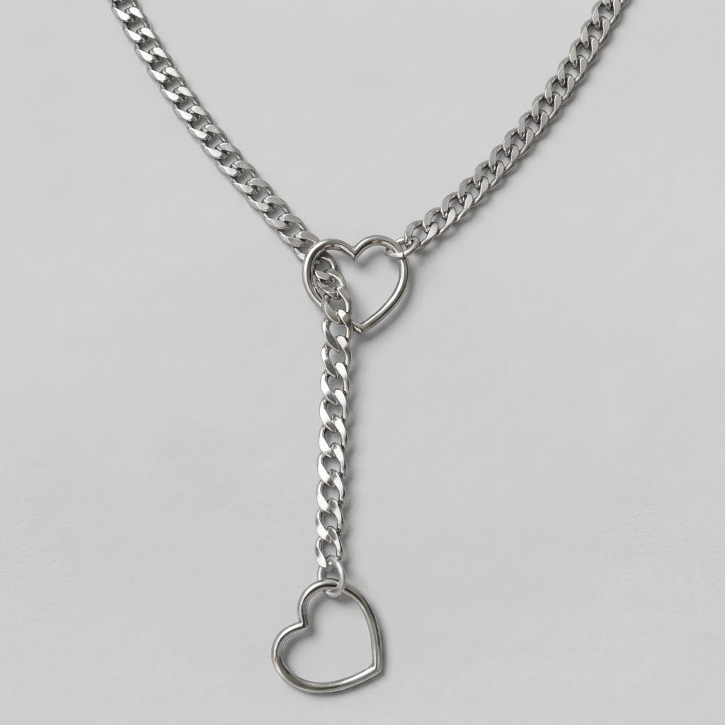 Silver Open Heart Ring Lariat Curb Chain Necklace