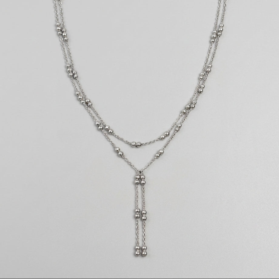Silver Double Layer Beaded Lariat Drop Necklace