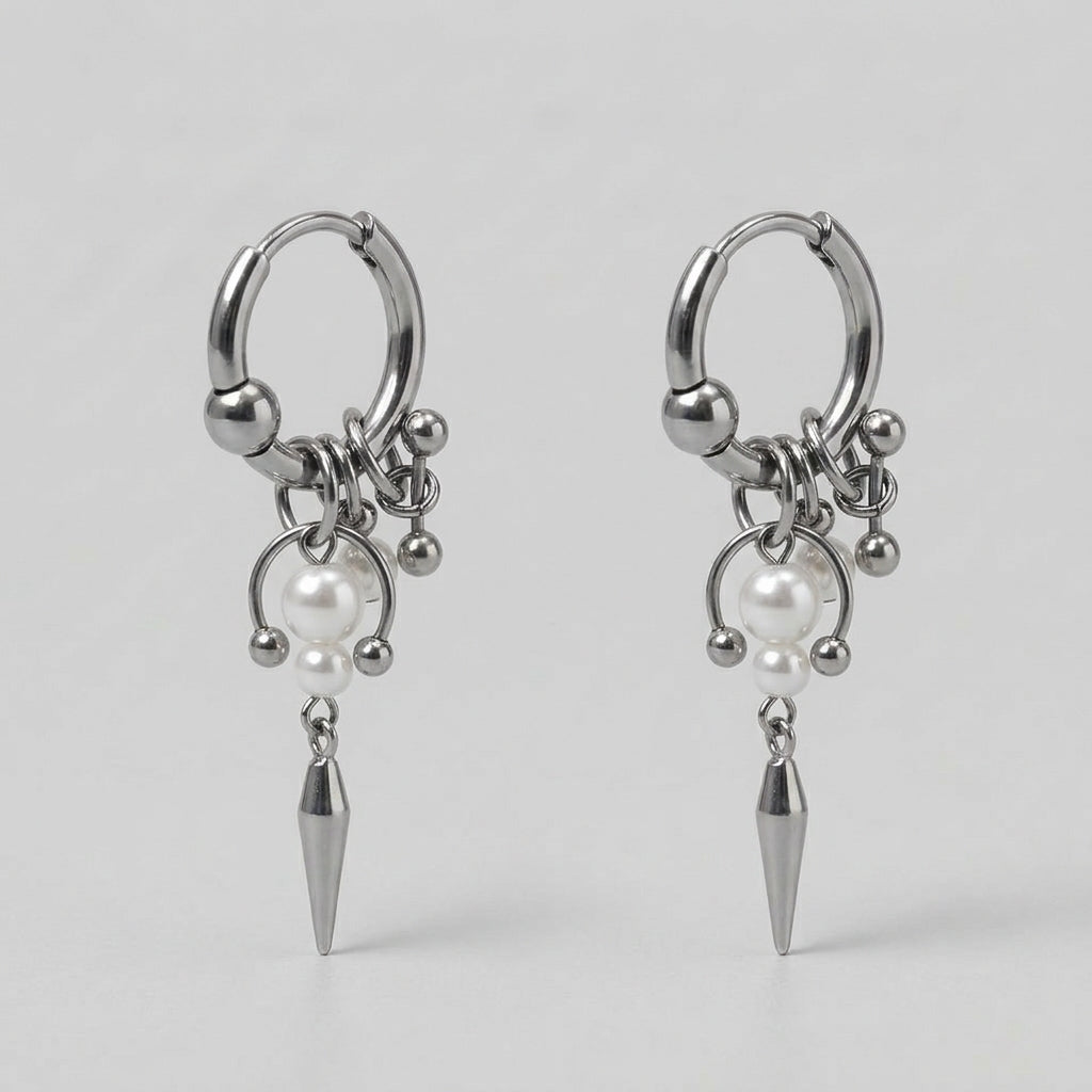 Pearl Cluster Horseshoe Spike Charm Hoop Earrings