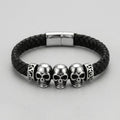 Three Skull Celtic Knot Black Leather Bracelet