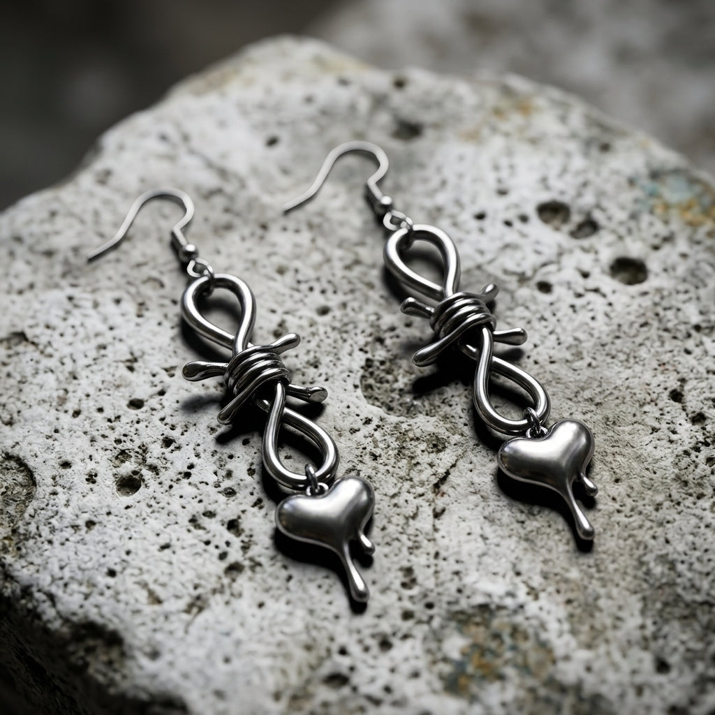 Barbed Wire Knot Dripping Heart Drop Earrings