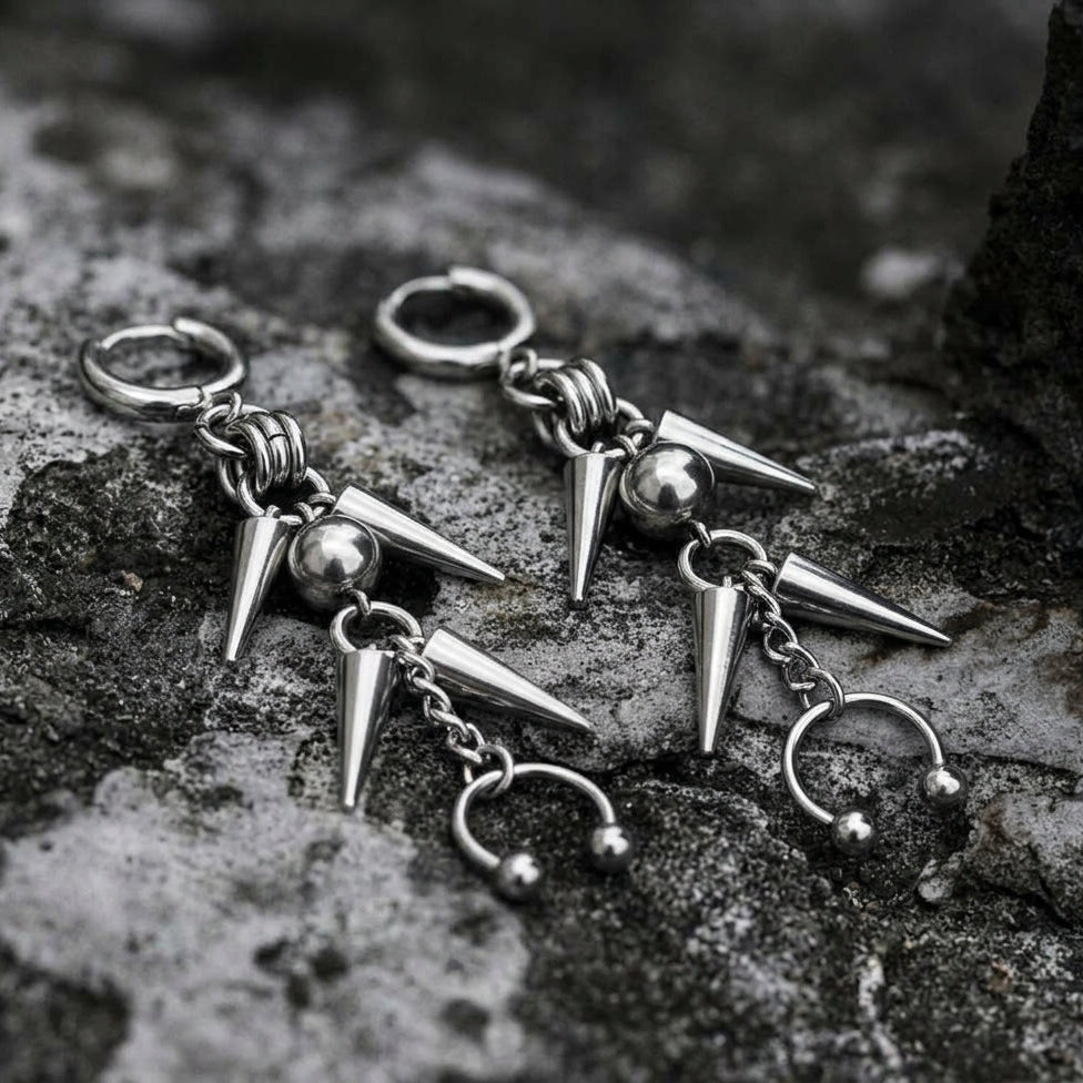 Spike Cluster Horseshoe Barbell Drop Earrings