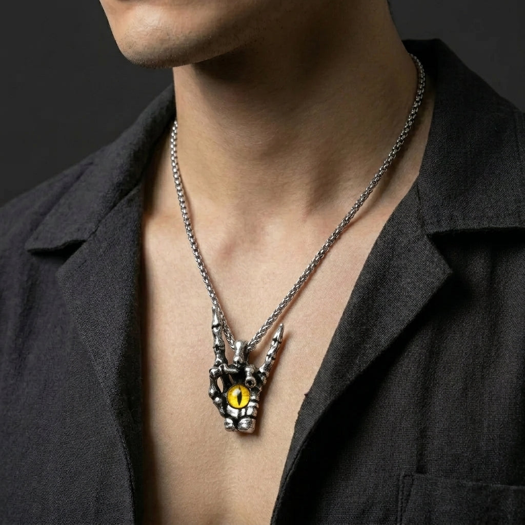 Skeleton Hand Rock Sign Necklace with Dragon Eye Pendant