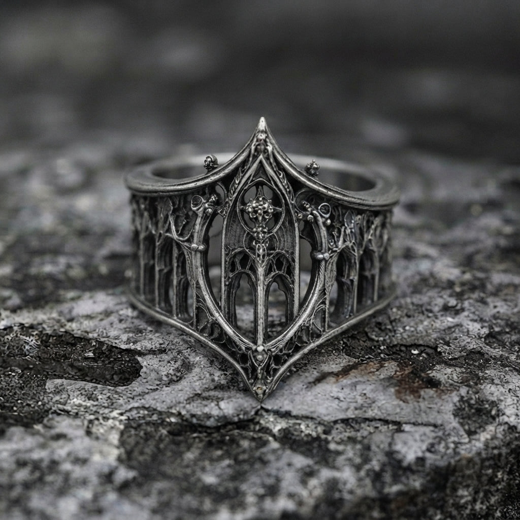 Gothic Arched Filigree Oxidised Silver Statement Ring