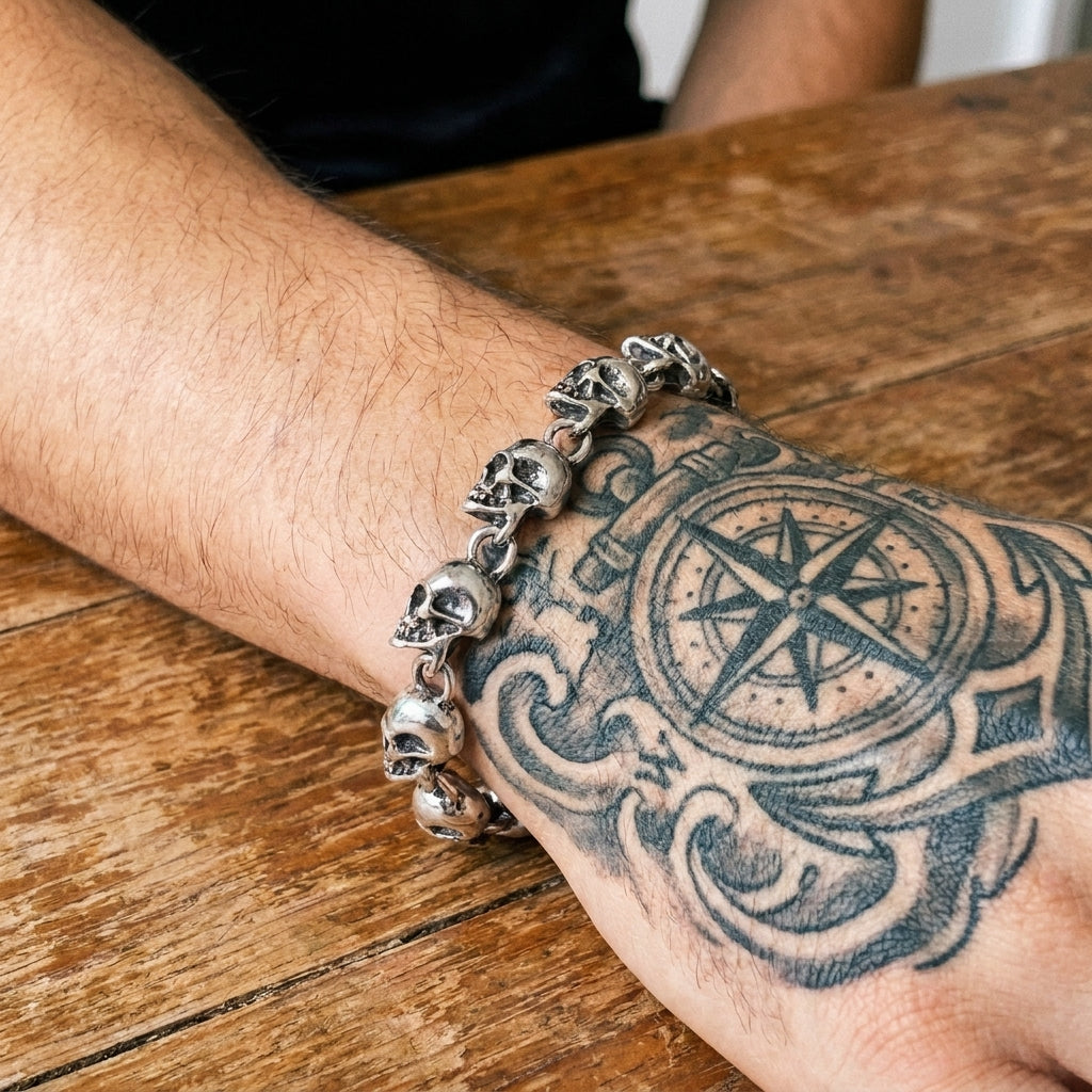 Silver Skull Link Chain Bracelet