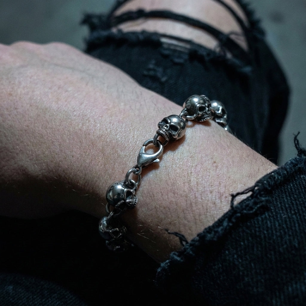 Silver Skull Link Chain Bracelet