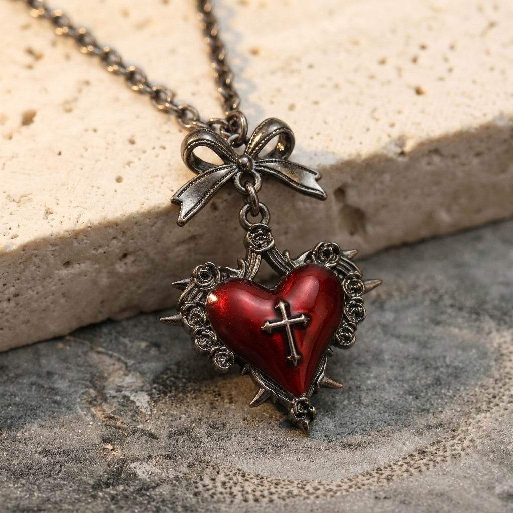 Blood Red Thorned Heart Cross & Bow Necklace