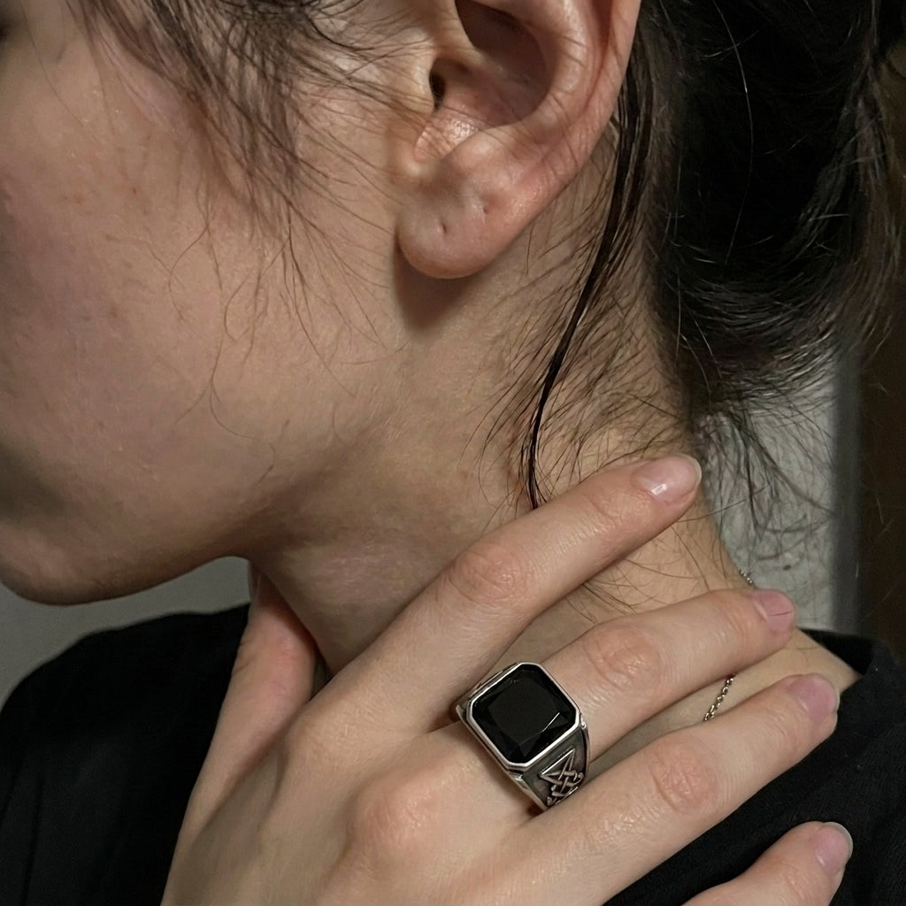 Signet Ring with Black Gemstone and Engraved Symbol
