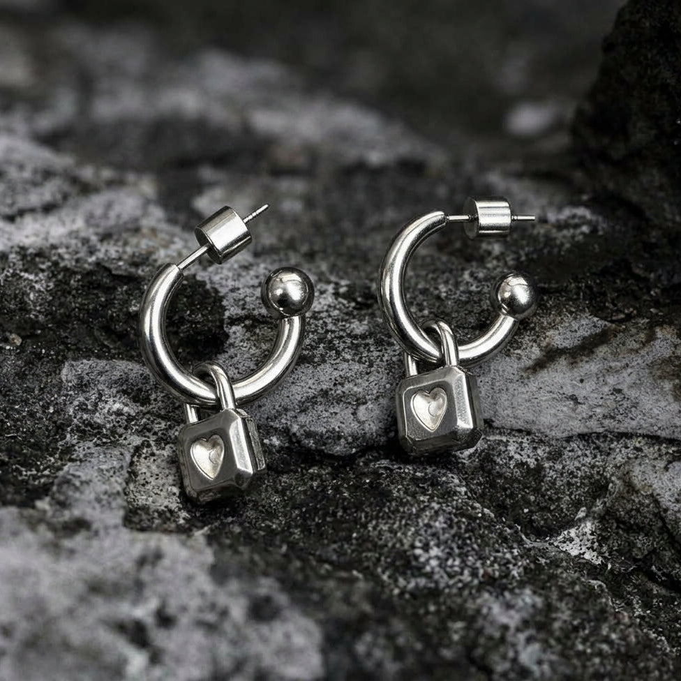 Heart Padlock Ball End C-Hoop Earrings