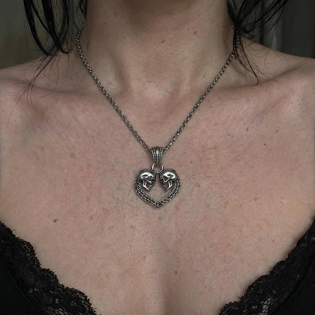 Twin Skull Heart Necklace
