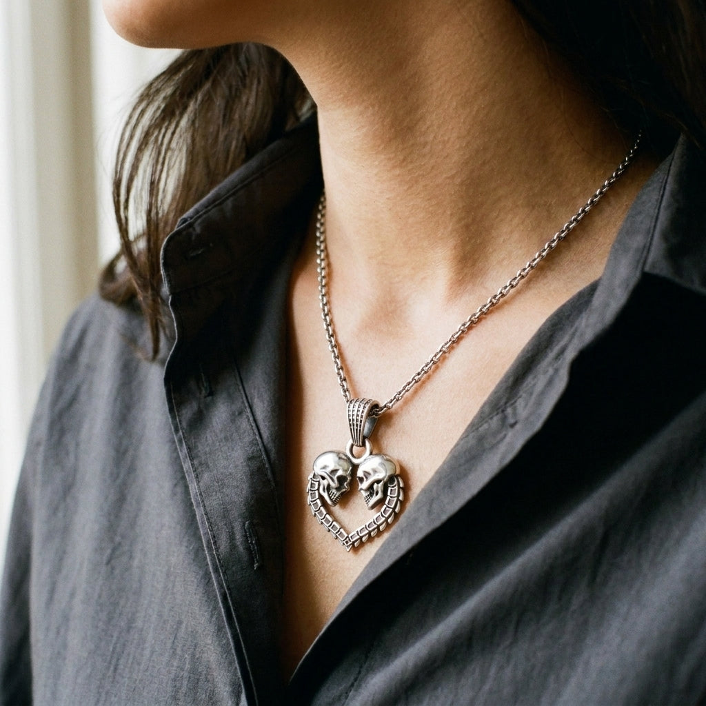 Twin Skull Heart Necklace