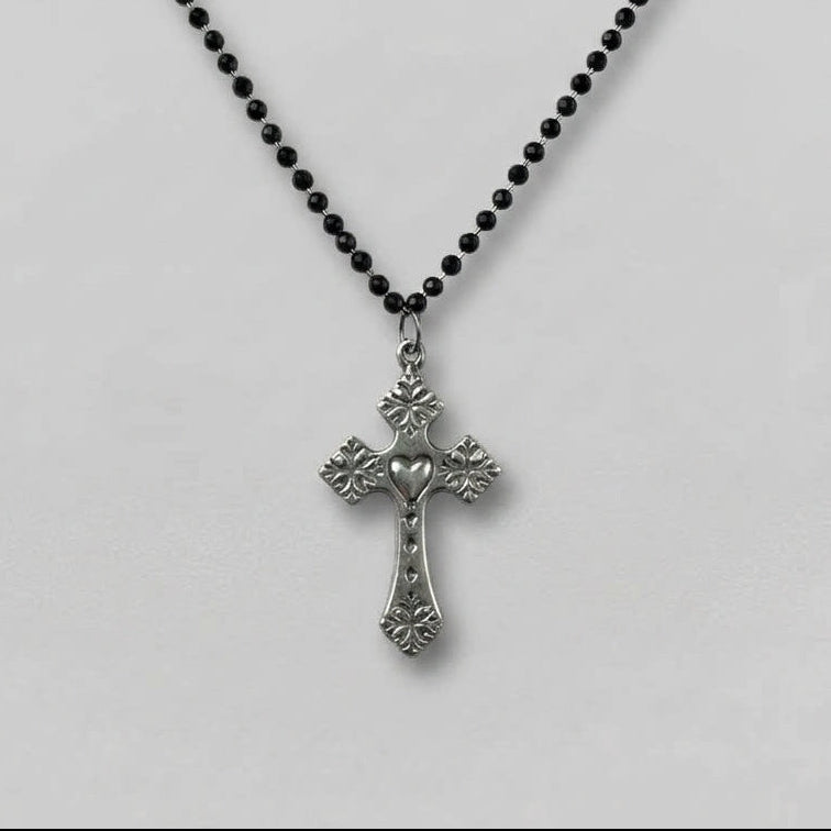 Black Bead Rosary Floral Heart Cross Necklace