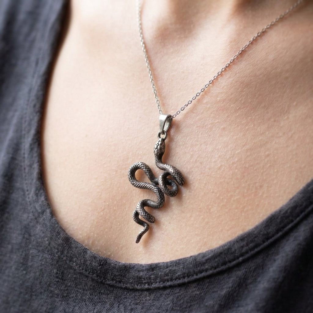 Oxidized Silver Snake Pendant Necklace