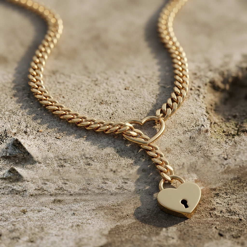 Gold Heart Padlock Ring Lariat Curb Chain Necklace