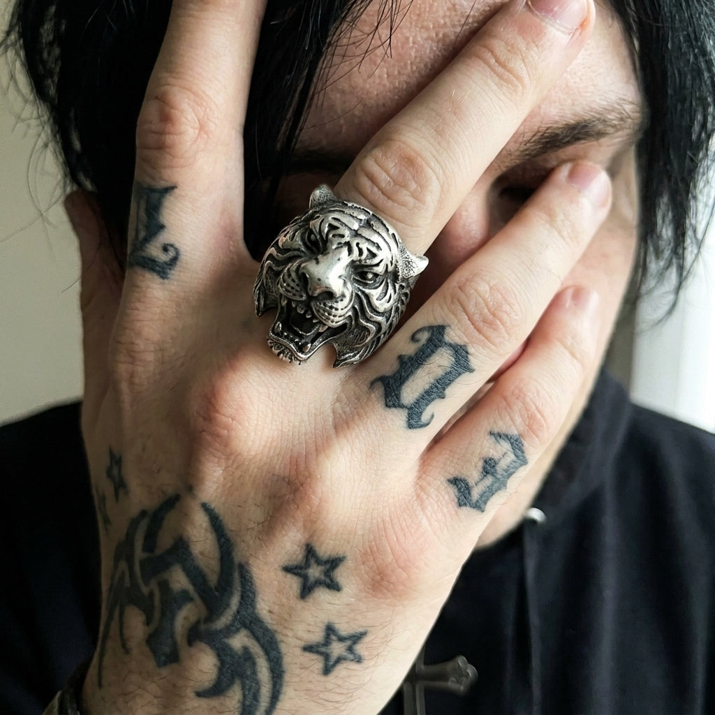 Roaring Tiger Head Wide Band Ring