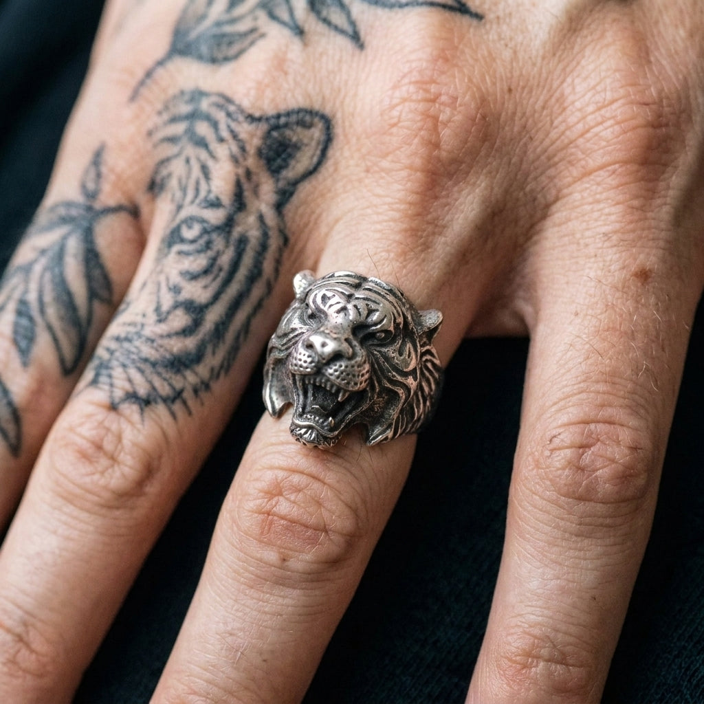 Roaring Tiger Head Wide Band Ring