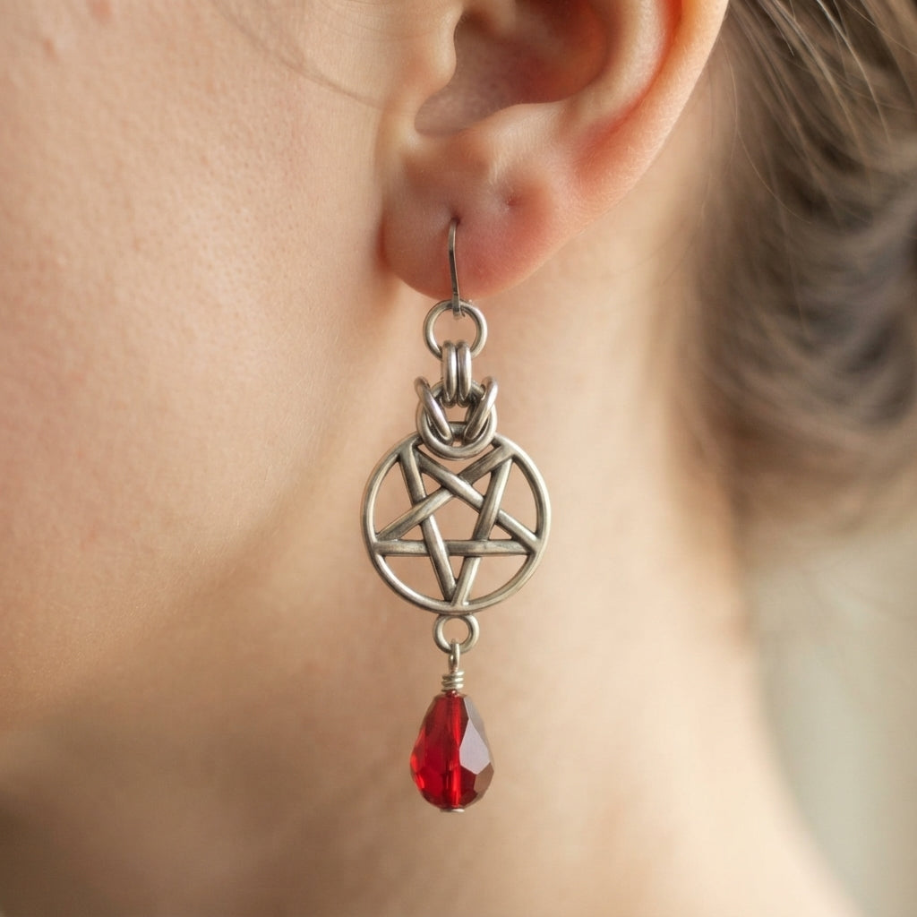 Blood Red Teardrop Pentagram Chainmaille Earrings