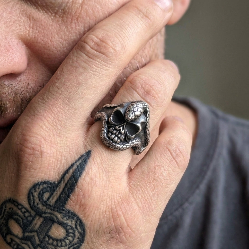 Serpent-Wrapped Skull Ring