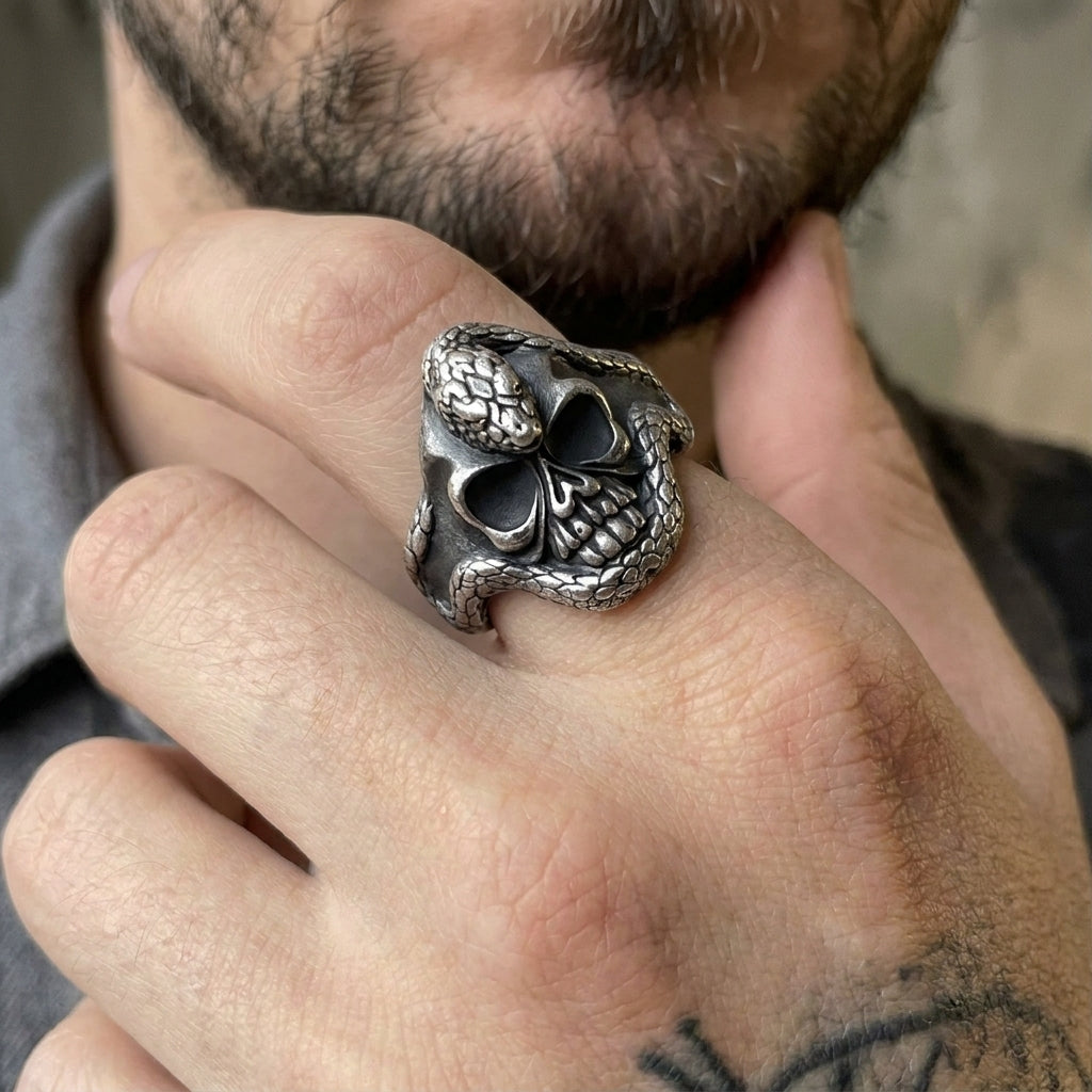 Serpent-Wrapped Skull Ring