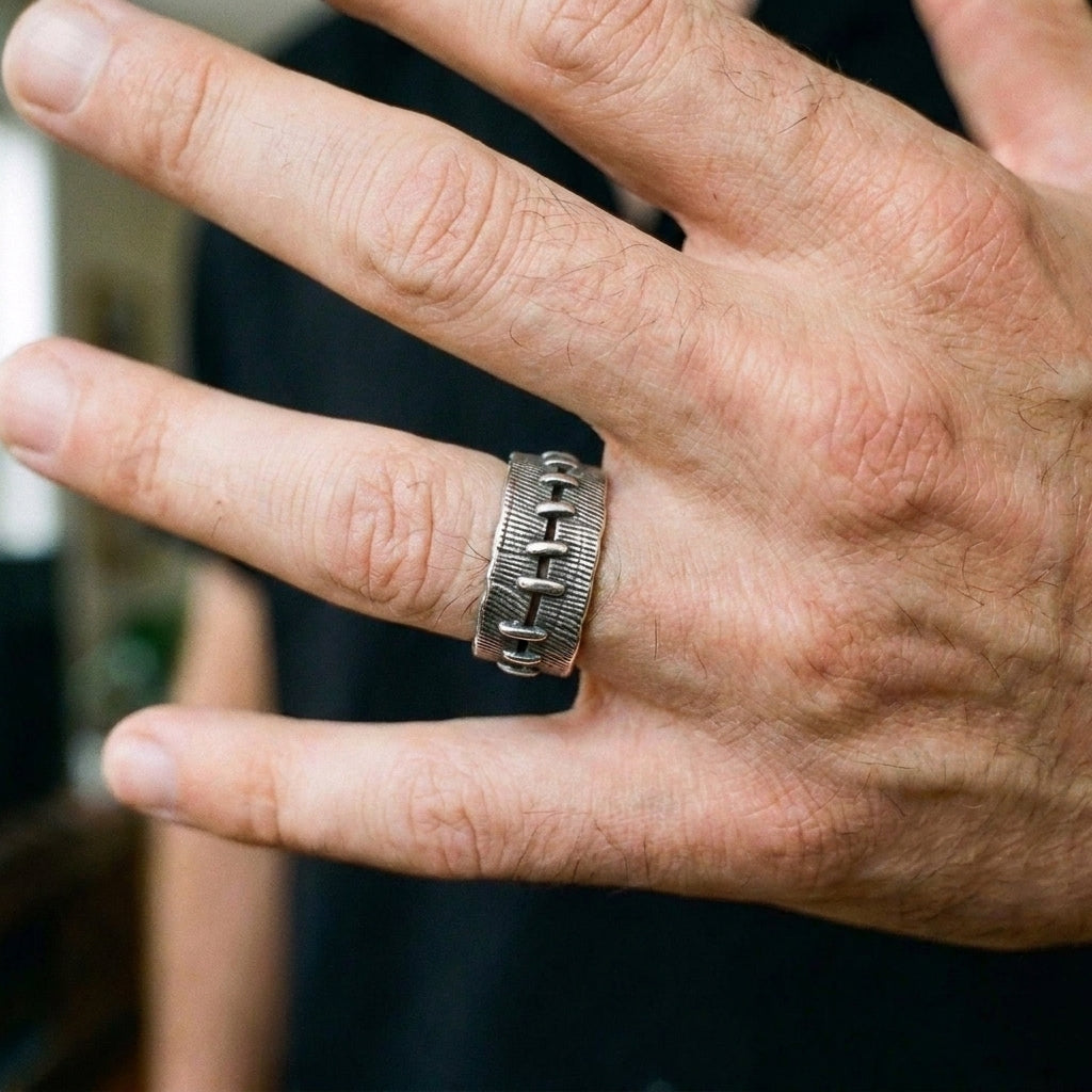 Stitched Wound Texture Wide Band Ring