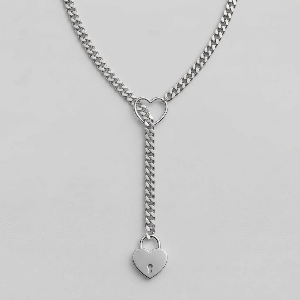 Silver Heart Padlock Ring Lariat Curb Chain Necklace