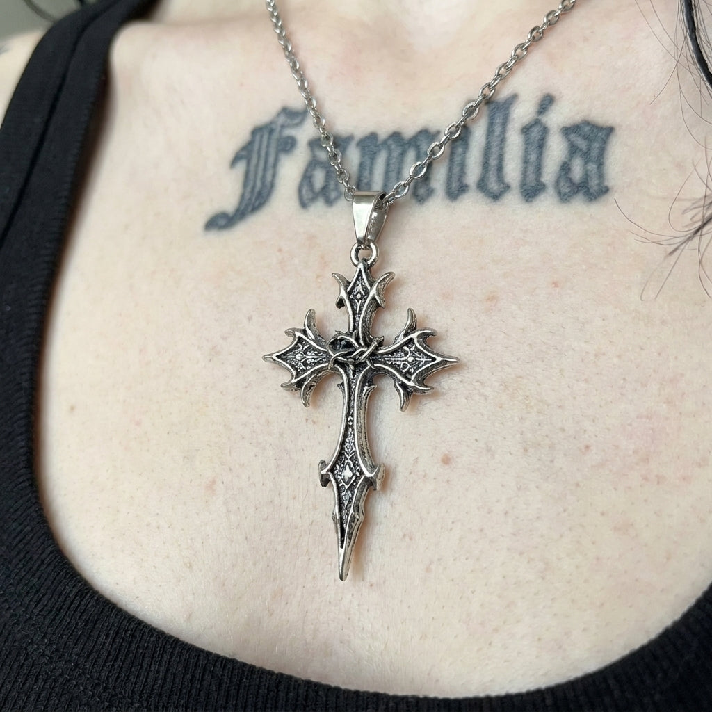 Spiked Floral Gothic Cross Pendant Necklace