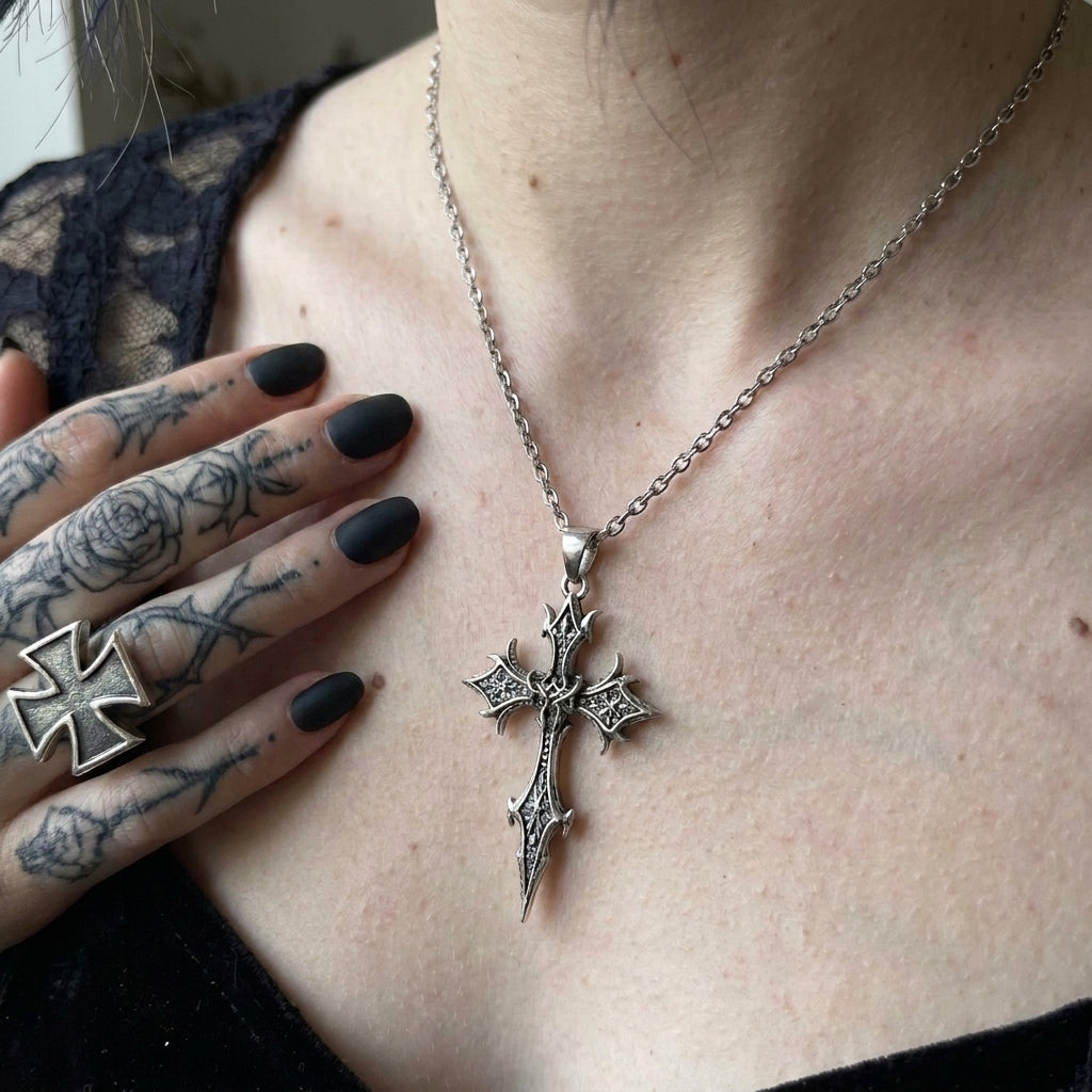 Spiked Floral Gothic Cross Pendant Necklace