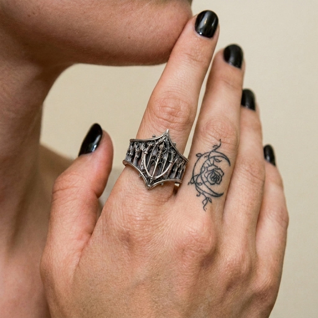 Gothic Arched Filigree Oxidised Silver Statement Ring