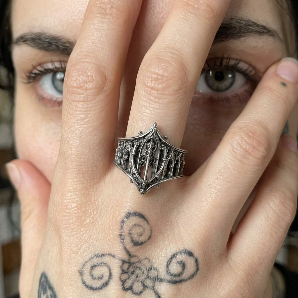 Gothic Arched Filigree Oxidised Silver Statement Ring