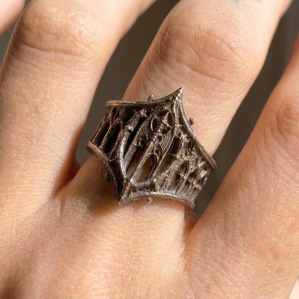 Gothic Arched Filigree Oxidised Silver Statement Ring