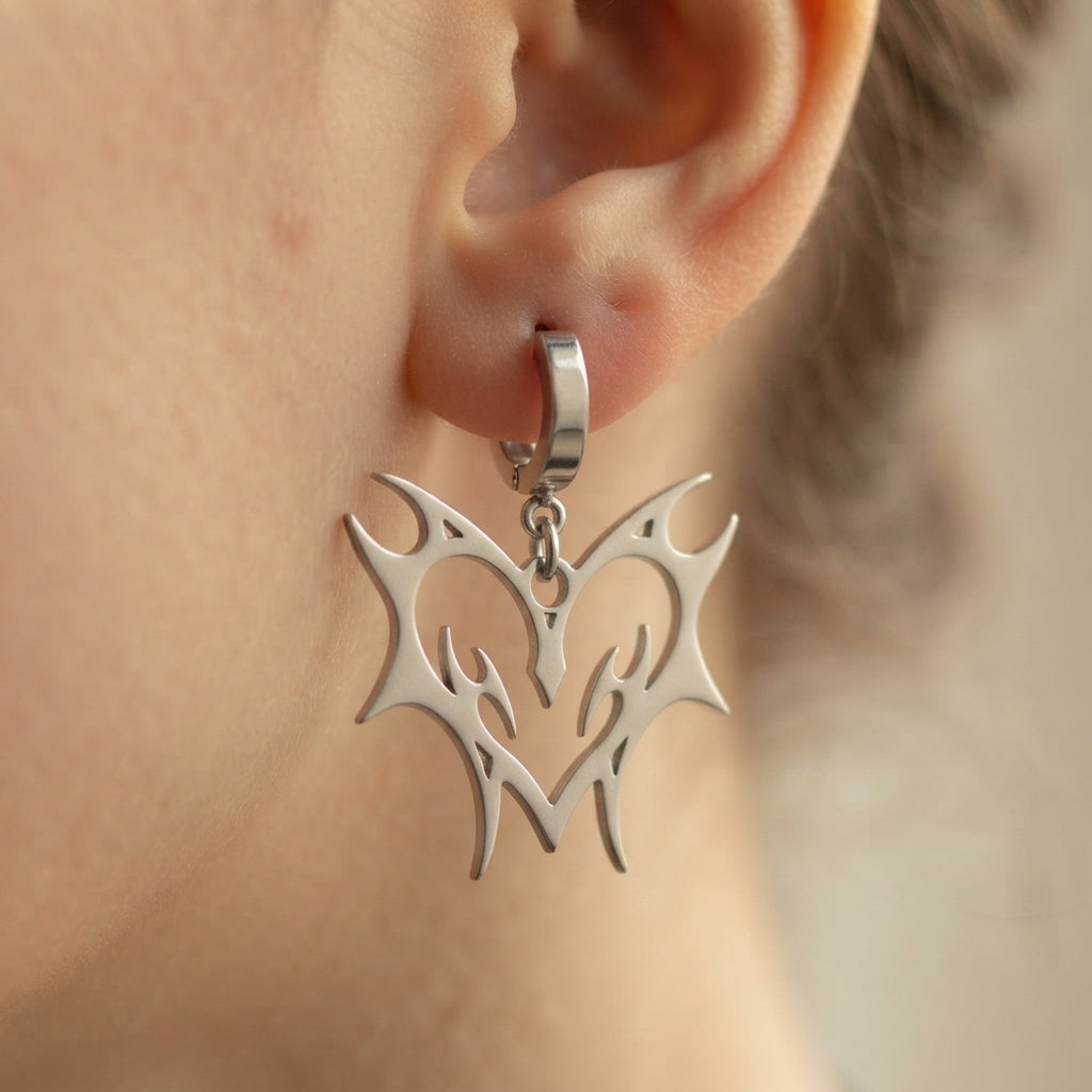 Tribal Flame Heart Huggie Earrings