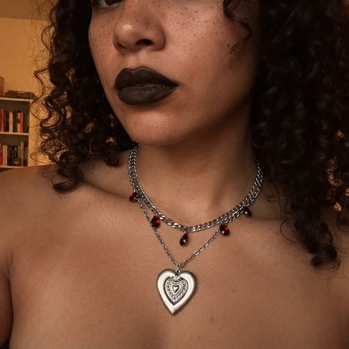 Blood Red Teardrop Sacred Heart Layered Chain Necklace