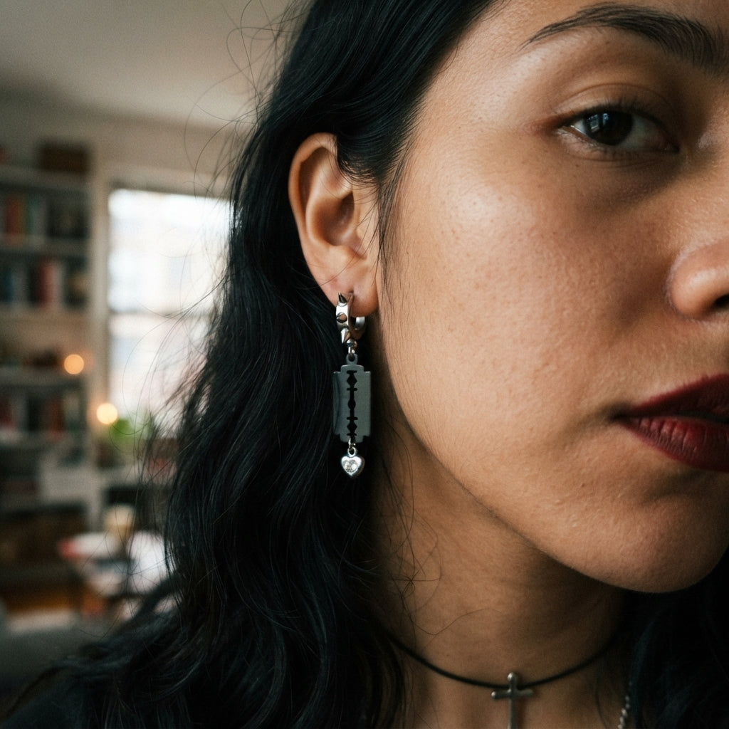 Black Razor Blade Crystal Heart Spiked Huggie Earrings