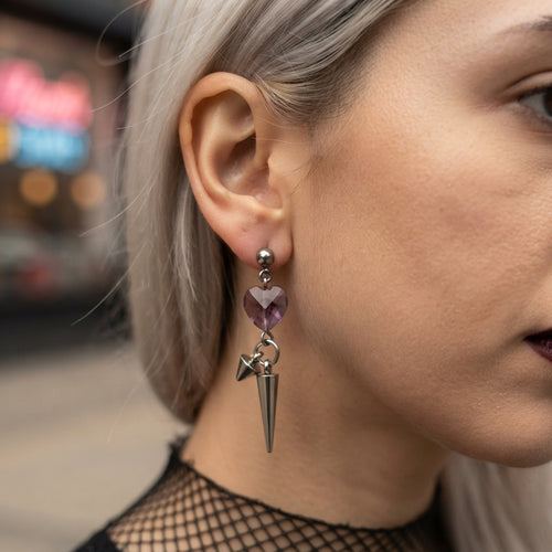 Amethyst Crystal Heart Spike Drop Earrings