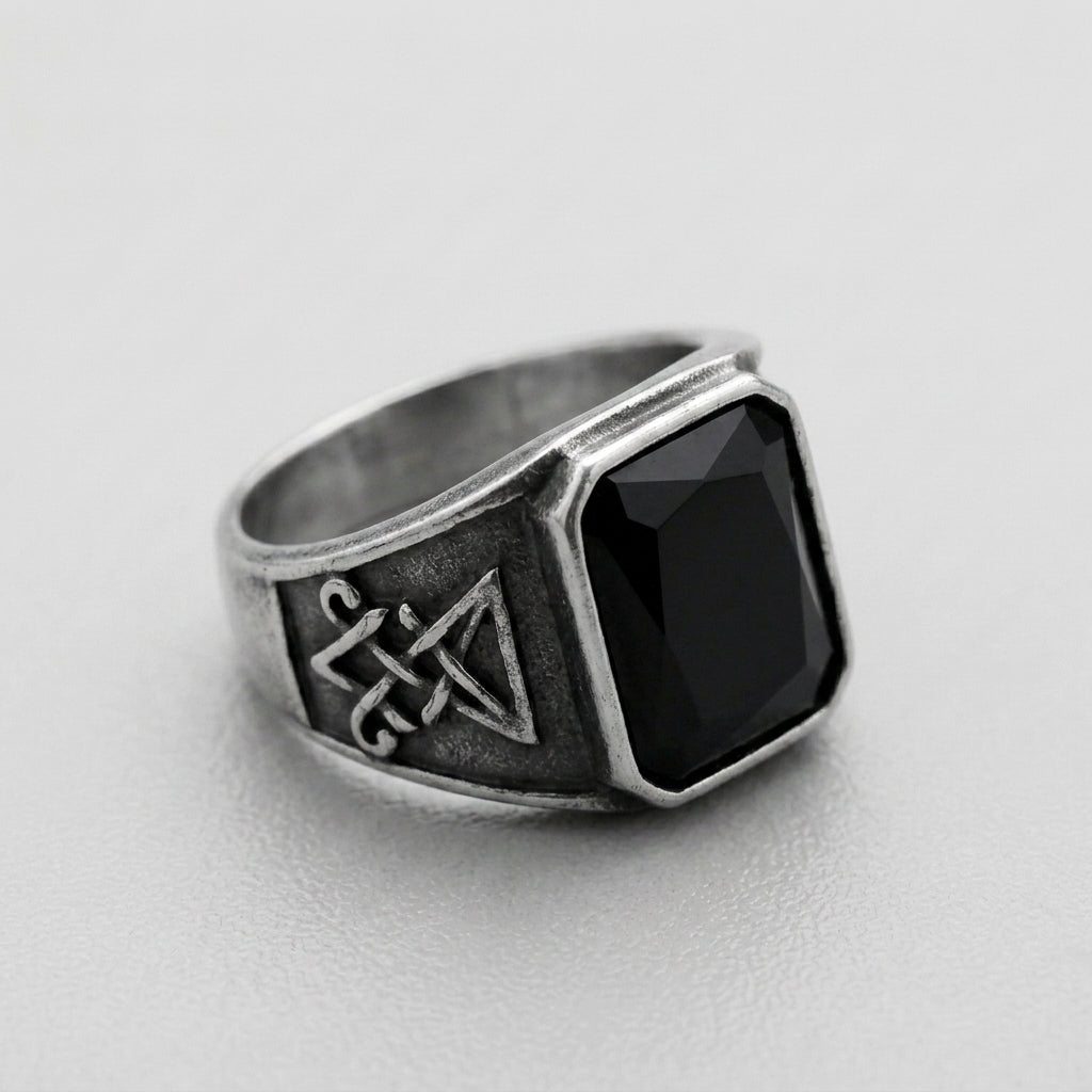Signet Ring with Black Gemstone and Engraved Symbol