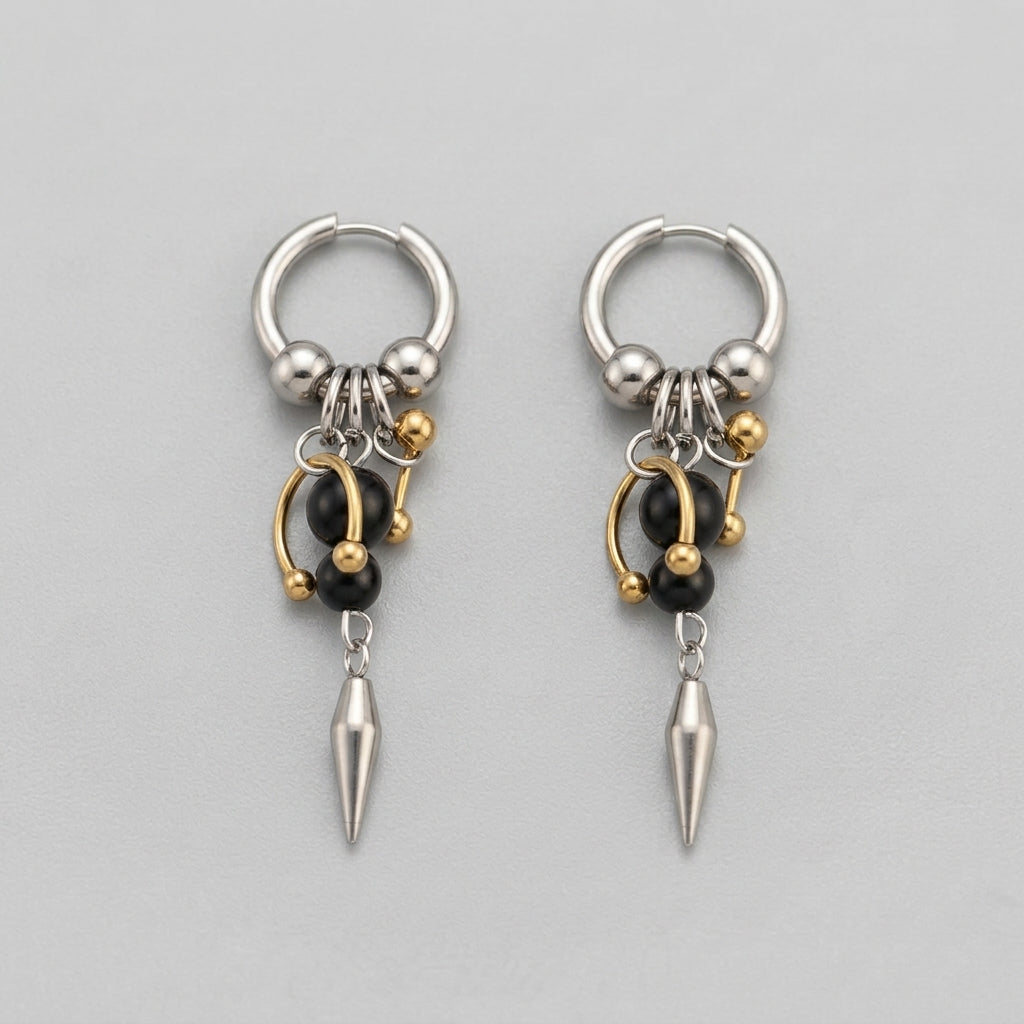 Onyx & Gold Bead Spike Earrings