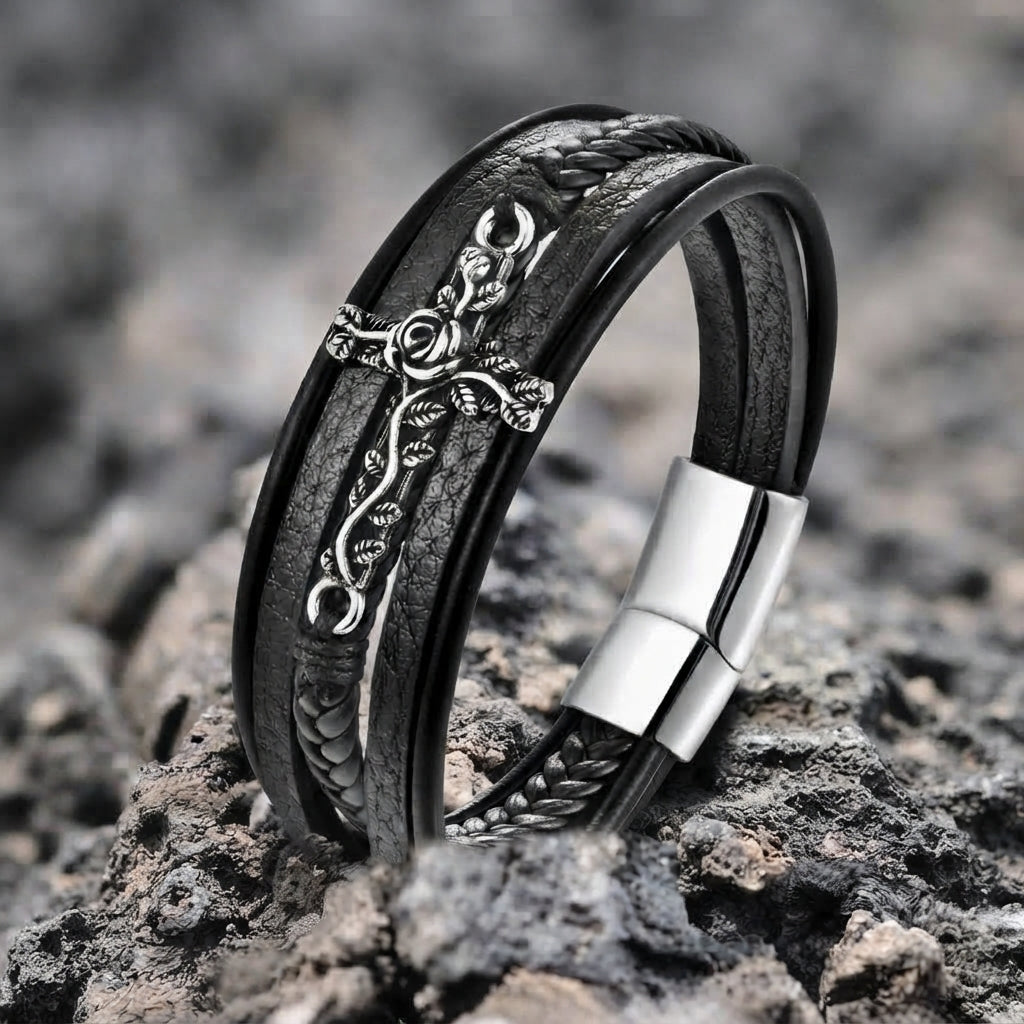 Men's Black Leather Braid Rose Vine Cross Clasp Bracelet