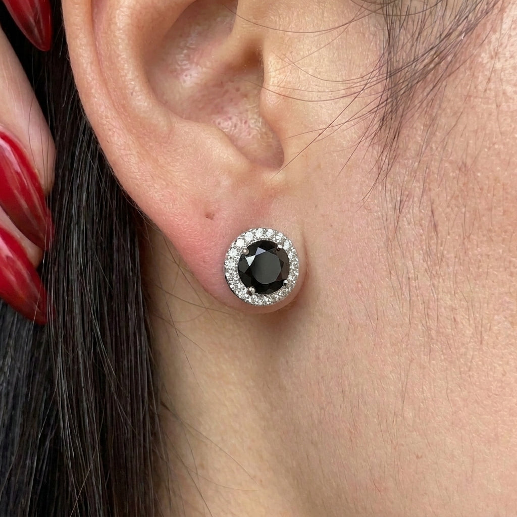 Black Diamond Halo Stud Earrings in Sterling Silver