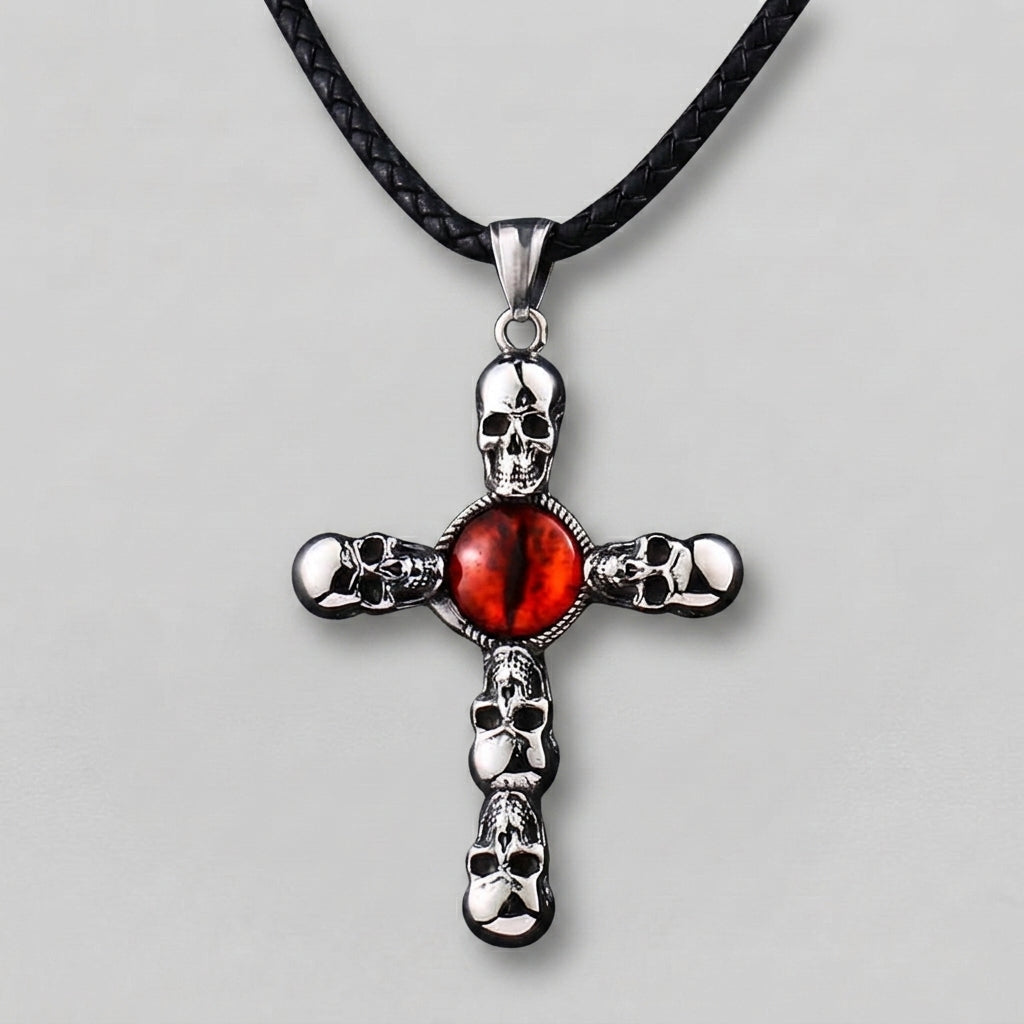 Skull Cross Necklace with Red Dragon Eye Pendant