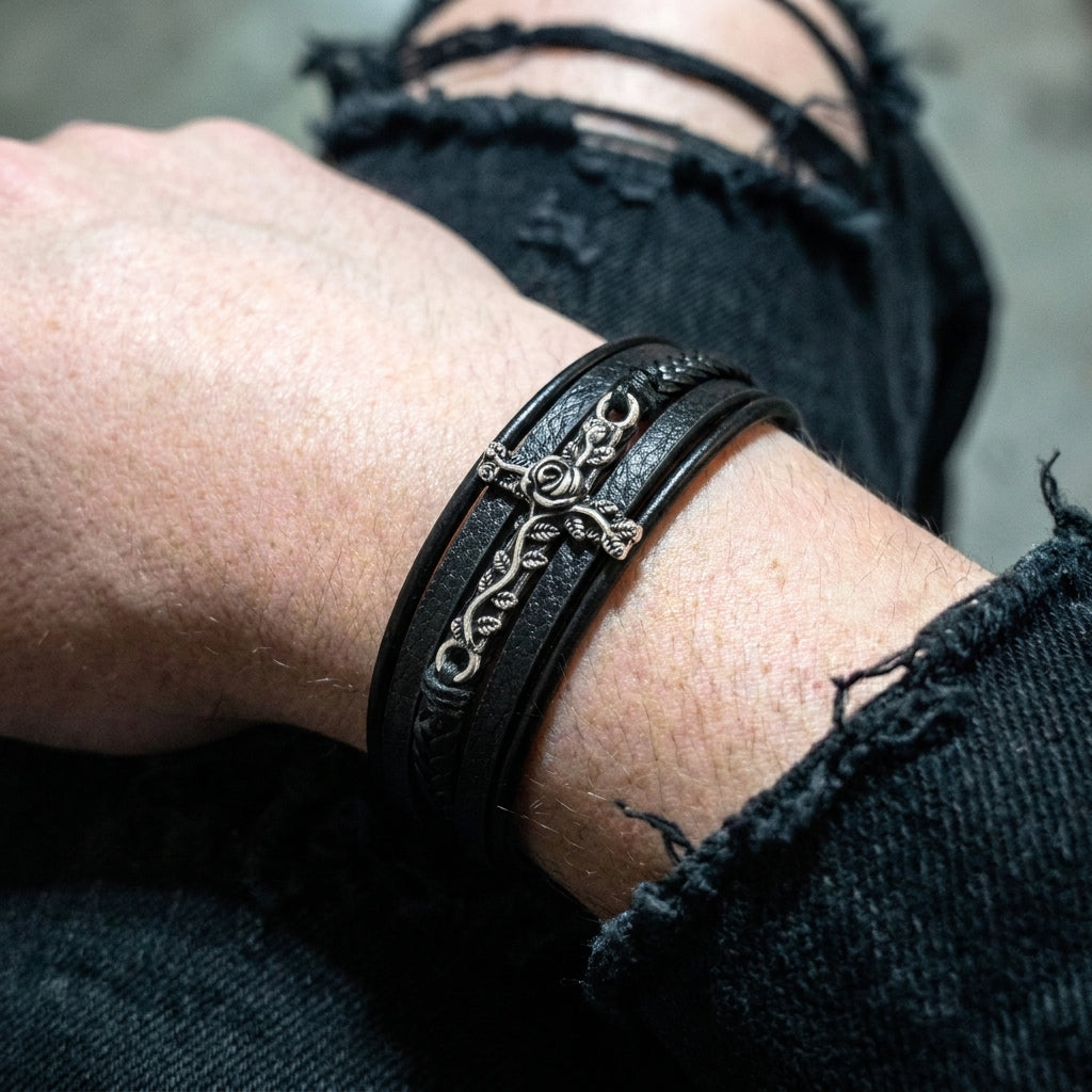 Men's Black Leather Braid Rose Vine Cross Clasp Bracelet
