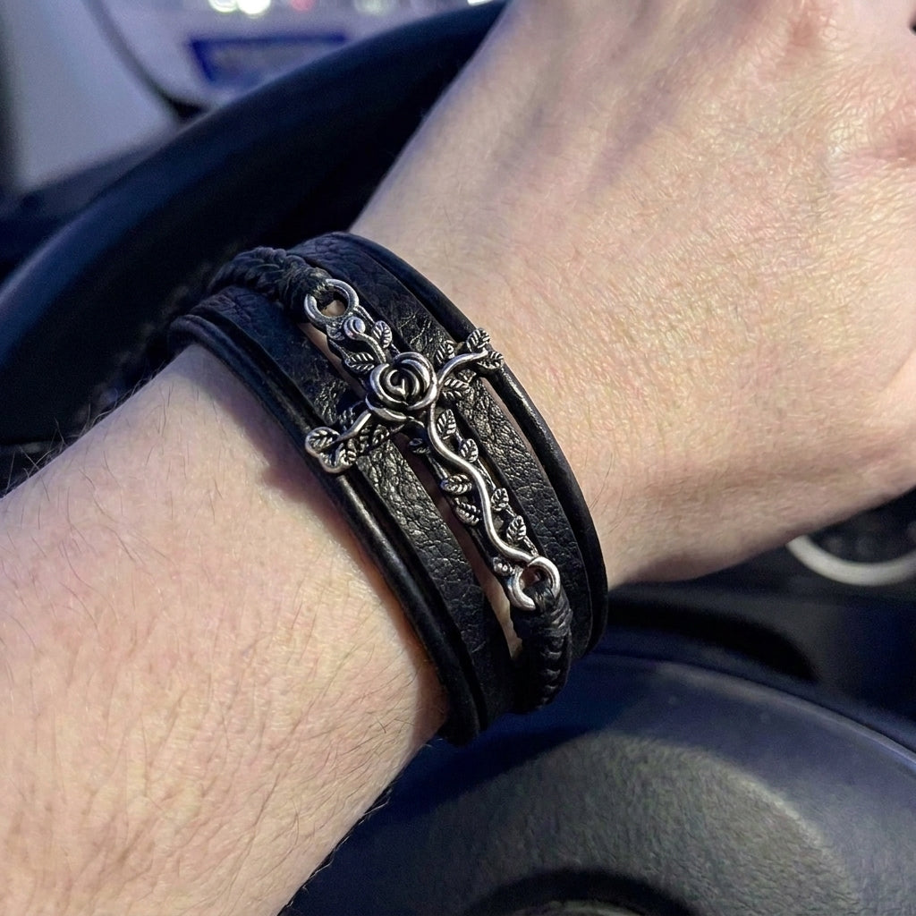Men's Black Leather Braid Rose Vine Cross Clasp Bracelet