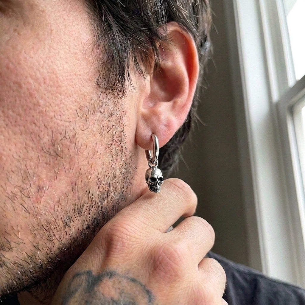 3D Skull Drop Huggie Hoop Earrings