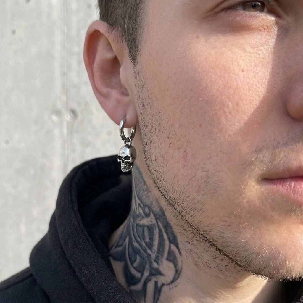 3D Skull Drop Huggie Hoop Earrings