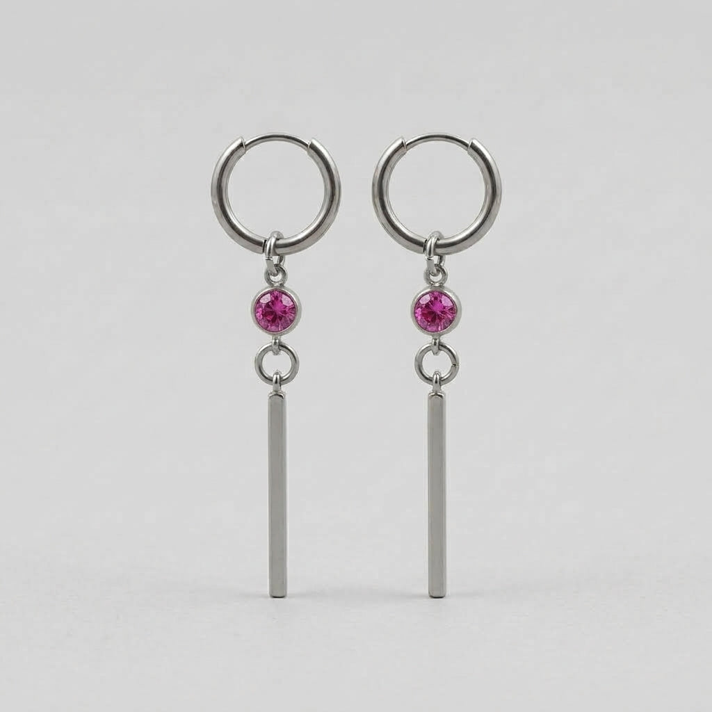 Fuchsia Pink Crystal Long Bar Drop Hoop Earrings