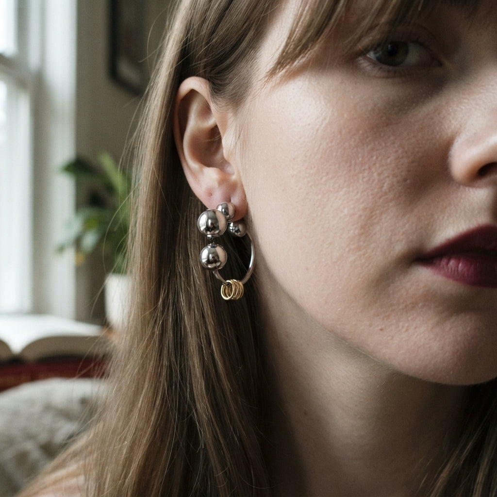 Two-Tone Double Ball Open Hoop Earrings